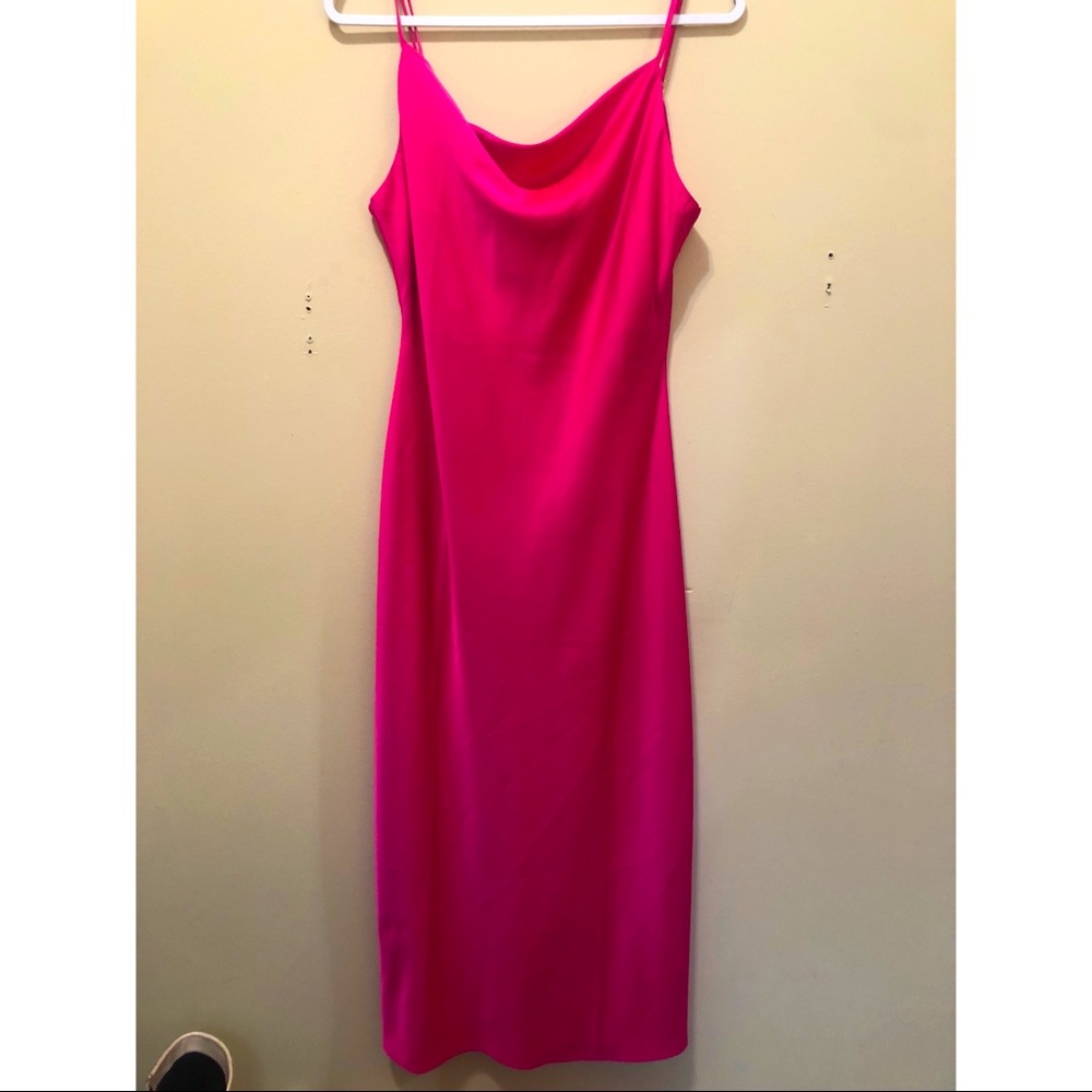 Hot pink ankle length silk slip dress. Cowl neck